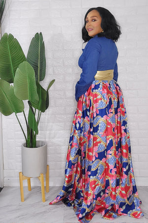 092823 The Classic Denim Style Top with Print Maxi Dress