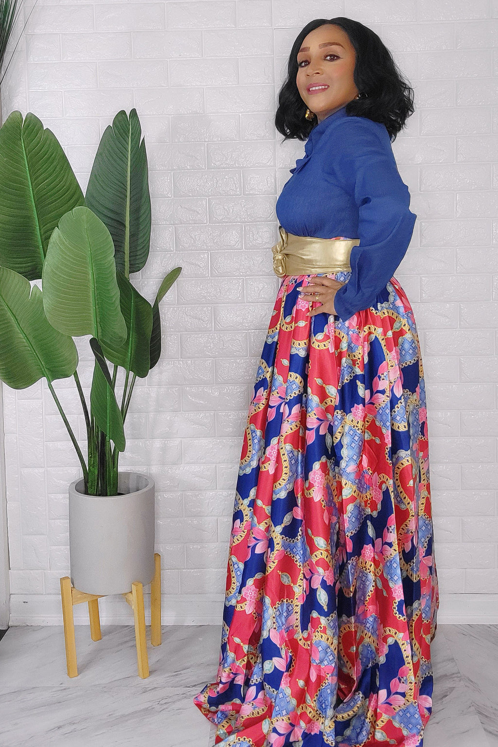 092823 The Classic Denim Style Top with Print Maxi Dress