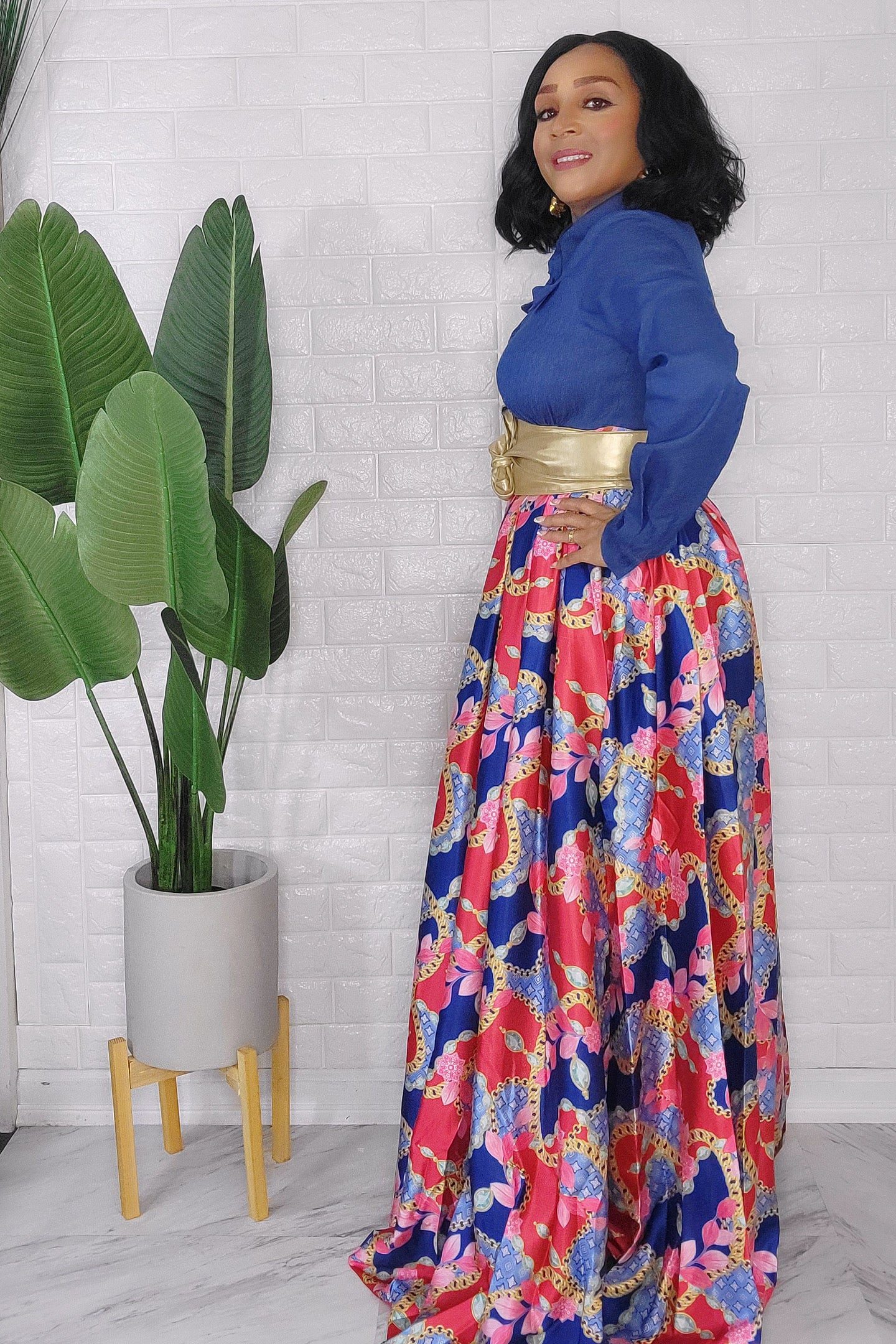 092823 The Classic Denim Style Top with Print Maxi Dress