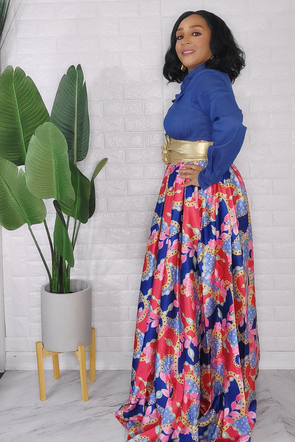 092823 The Classic Denim Style Top with Print Maxi Dress