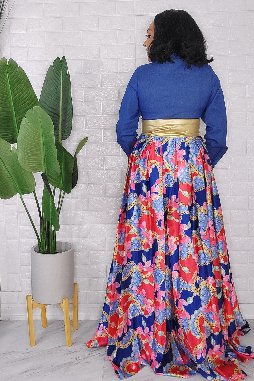 092823 The Classic Denim Style Top with Print Maxi Dress