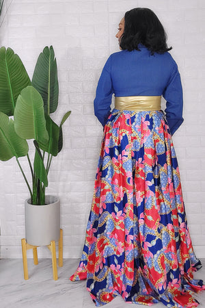 092823 The Classic Denim Style Top with Print Maxi Dress