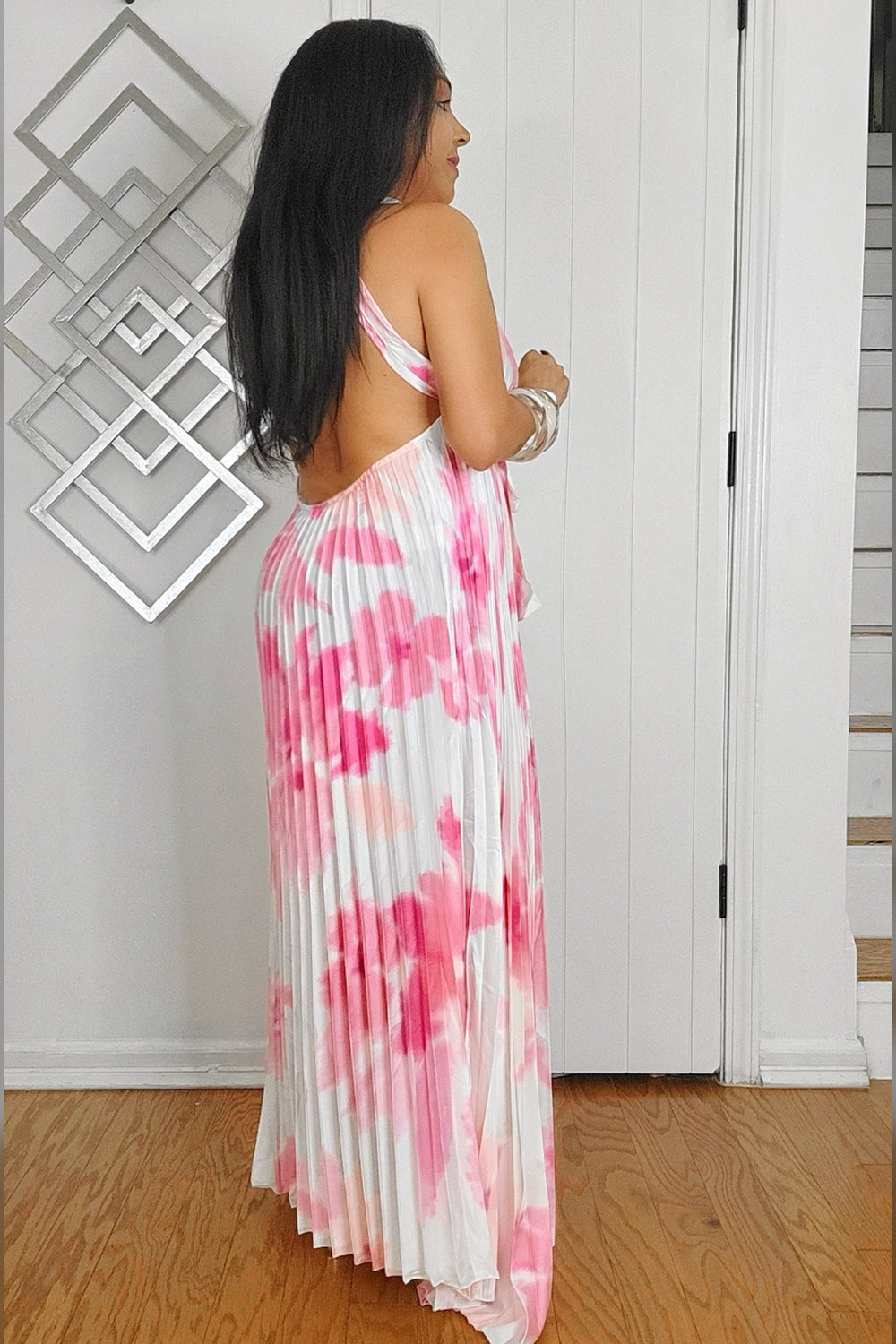 020525 The Pink Tie Dye Pleated Key Hole Open Back Maxi Dress
