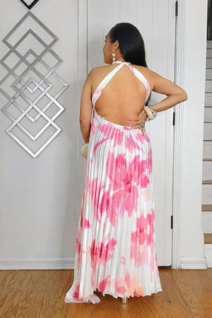 020525 The Pink Tie Dye Pleated Key Hole Open Back Maxi Dress