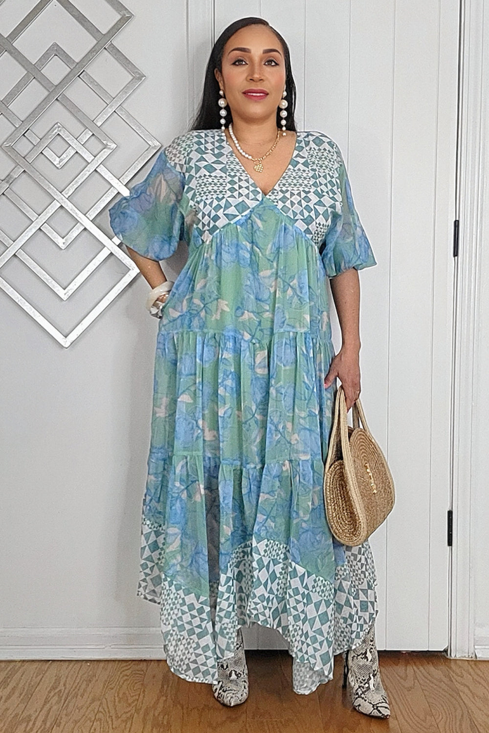 020625 Mint Green Geo & Florals Print Mixed Tiered Maxi Dress
