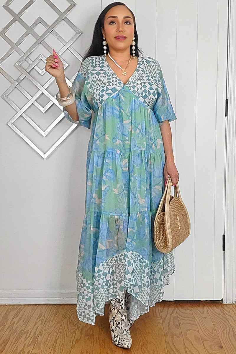 020625 Mint Green Geo & Florals Print Mixed Tiered Maxi Dress