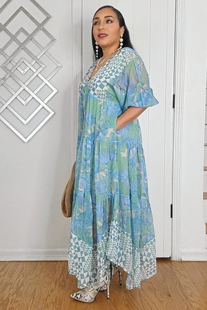 020625 Mint Green Geo & Florals Print Mixed Tiered Maxi Dress