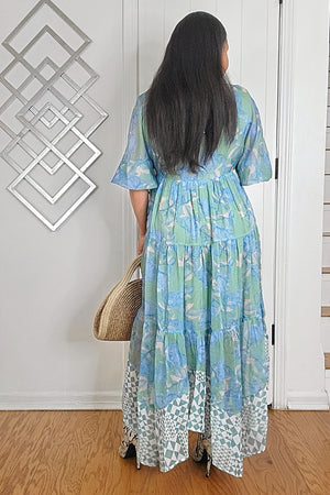 020625 Mint Green Geo & Florals Print Mixed Tiered Maxi Dress