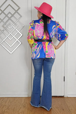 030725 The Blue Florals Printed Smocked Mockneck Top