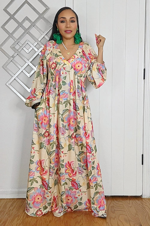 020625 Panna Cotta-Florals V Neck Long Sleeve Maxi Dresss