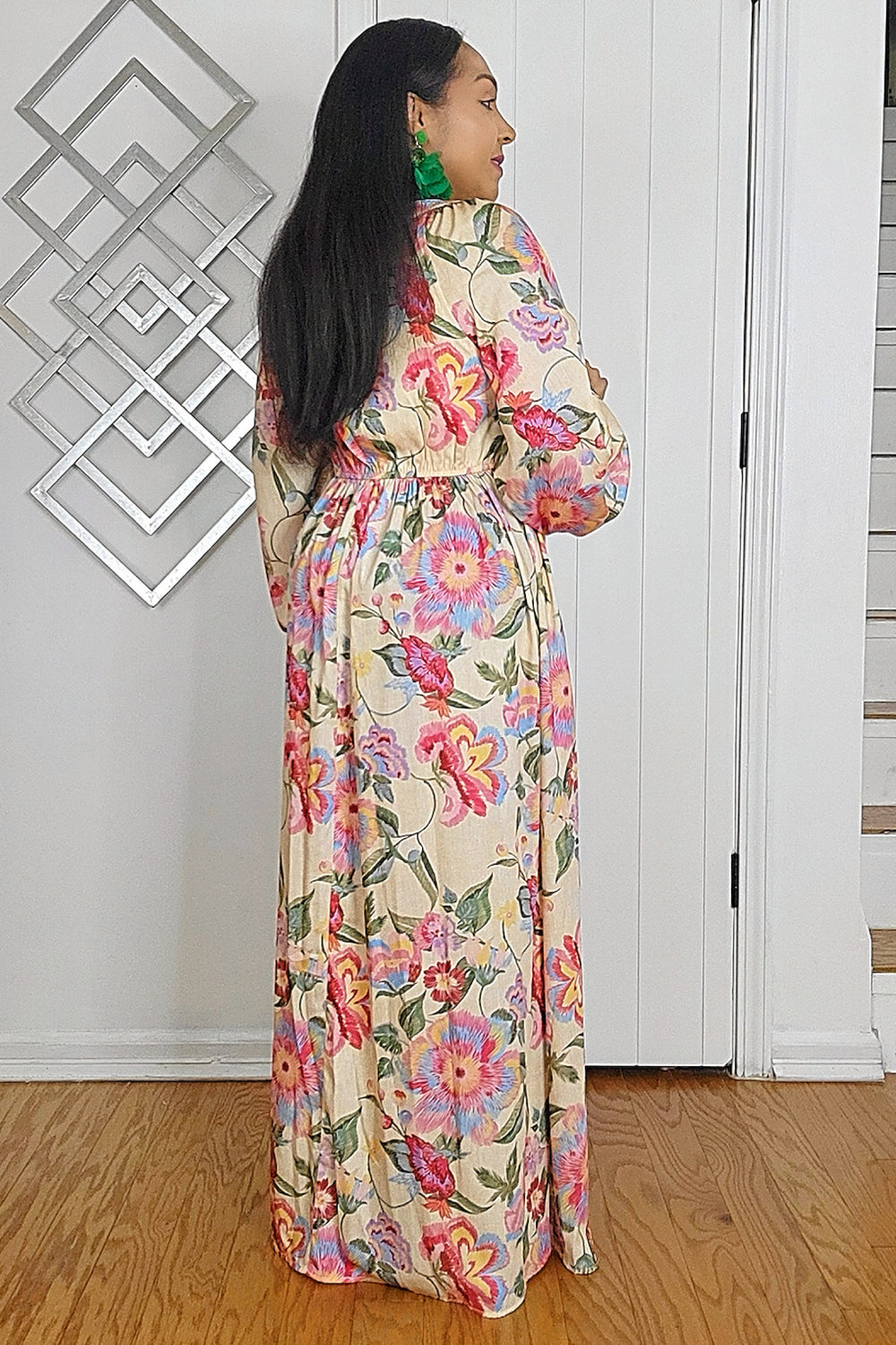 020625 Panna Cotta-Florals V Neck Long Sleeve Maxi Dresss