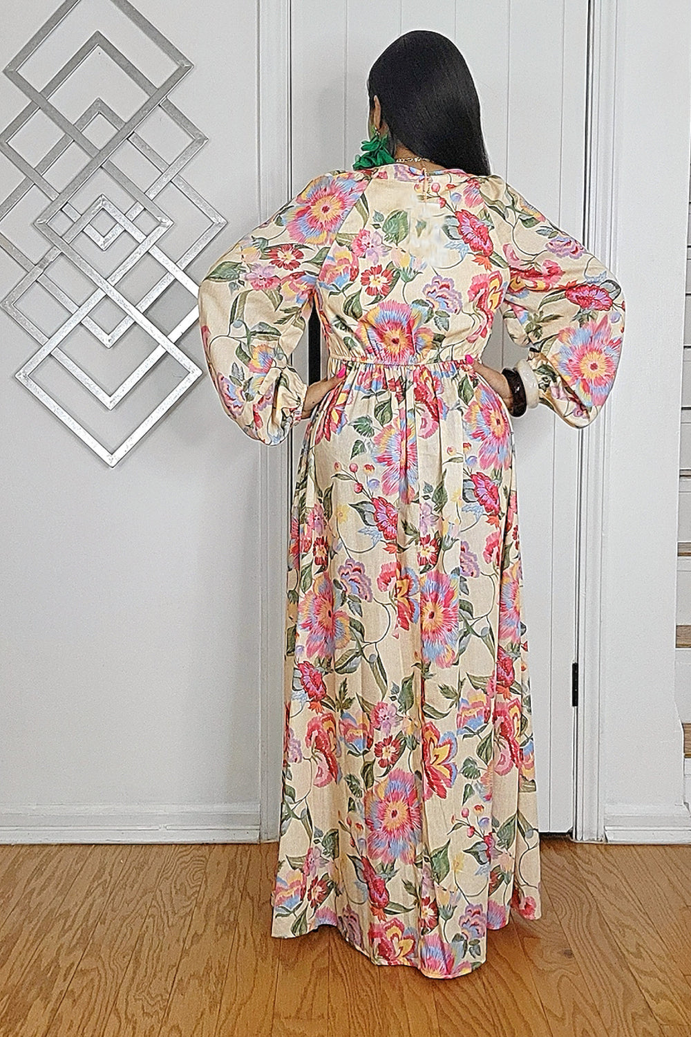 020625 Panna Cotta-Florals V Neck Long Sleeve Maxi Dresss