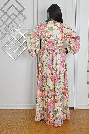 020625 Panna Cotta-Florals V Neck Long Sleeve Maxi Dresss