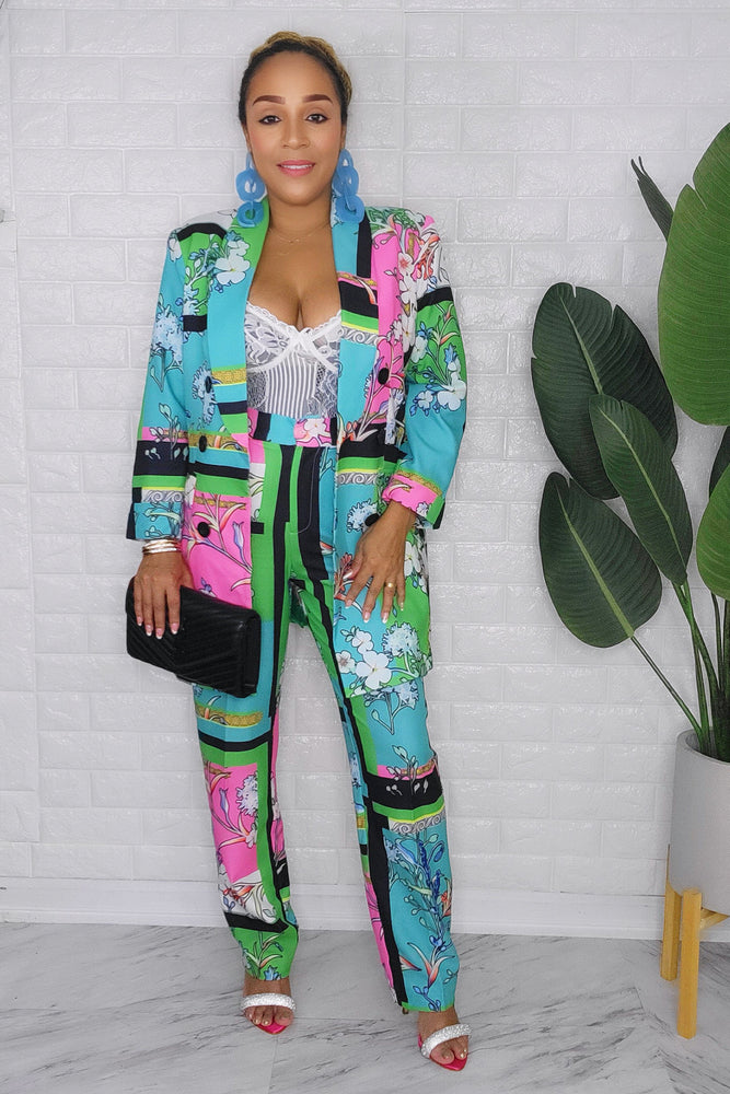 091223 The Blue/Green Florals European Angles Length Pant & Blazer set