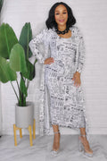 092823 The White and Black News Letters 2 Pieces Cardigan Midi Dress set