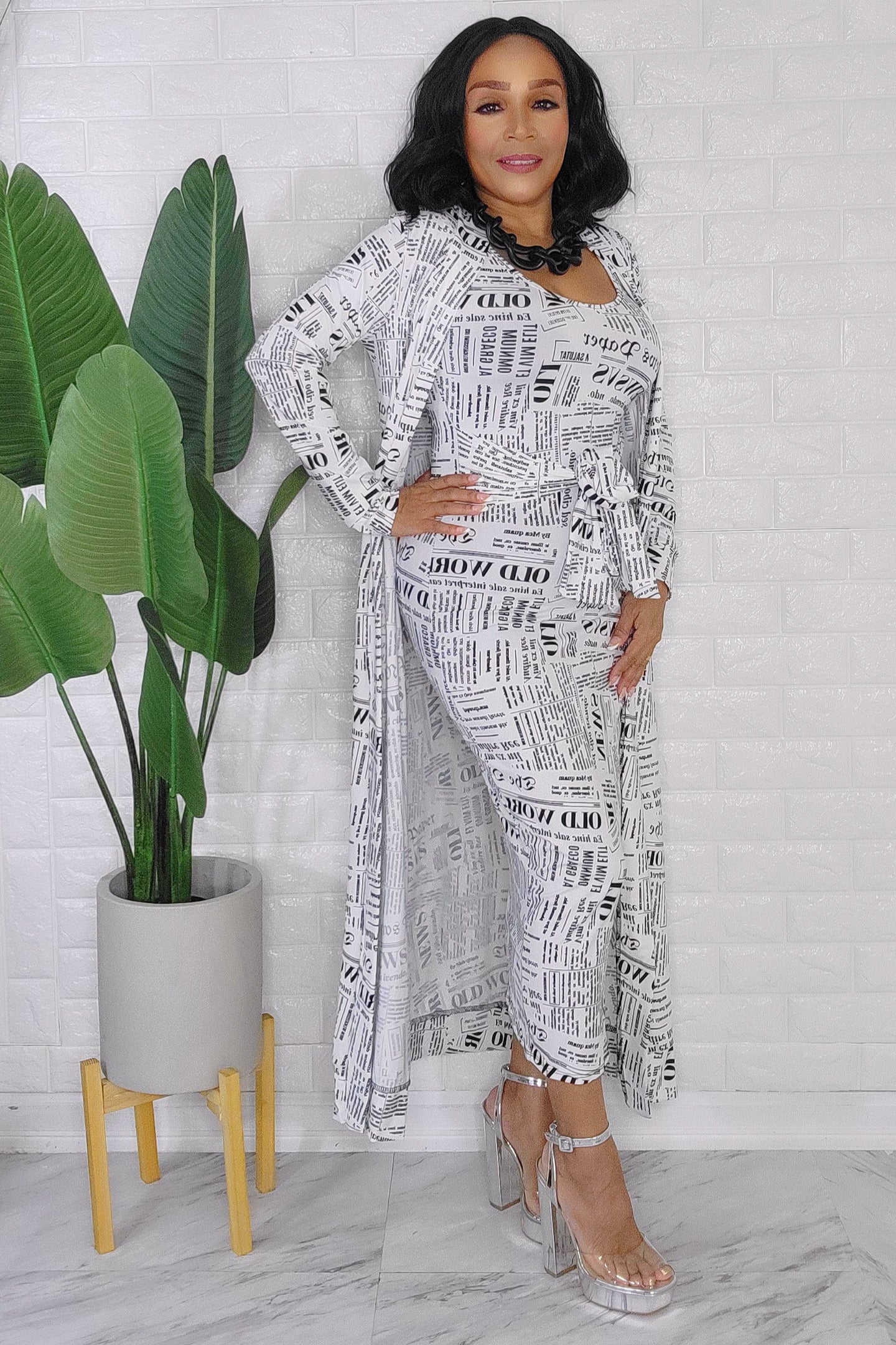 092823 The White and Black News Letters 2 Pieces Cardigan Midi Dress set