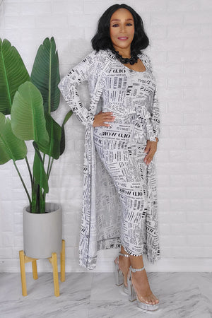 092823 The White and Black News Letters 2 Pieces Cardigan Midi Dress set