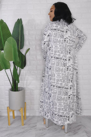 092823 The White and Black News Letters 2 Pieces Cardigan Midi Dress set