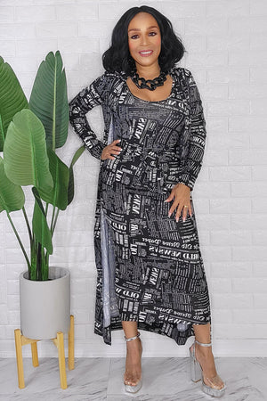 092823 The Black and White News Letters 2 Pieces Cardigan Midi Dress set