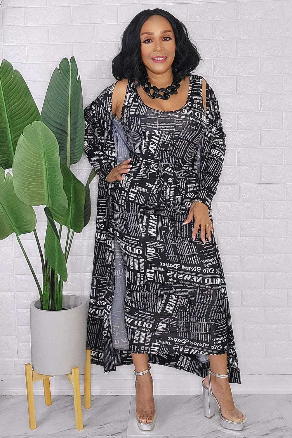 092823 The Black and White News Letters 2 Pieces Cardigan Midi Dress set