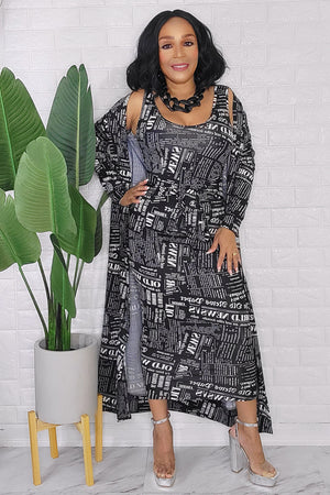 092823 The Black and White News Letters 2 Pieces Cardigan Midi Dress set
