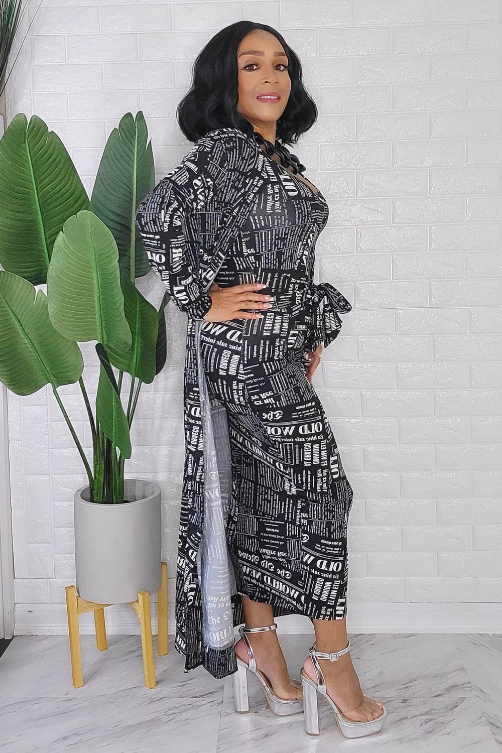 092823 The Black and White News Letters 2 Pieces Cardigan Midi Dress set