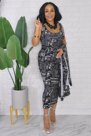 092823 The Black and White News Letters 2 Pieces Cardigan Midi Dress set