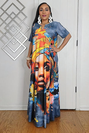 042525 My African Queen Denim Look Short Sleeve Dress