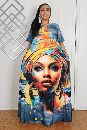 042525 My African Queen Denim Look Short Sleeve Dress
