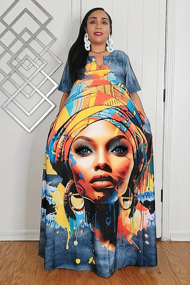 042525 My African Queen Denim Look Short Sleeve Dress