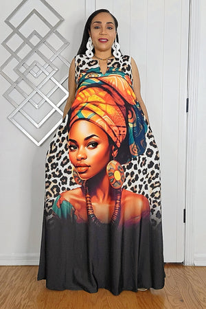 042525 The Leopard with African Queen Face Sleeves Maxi Dress