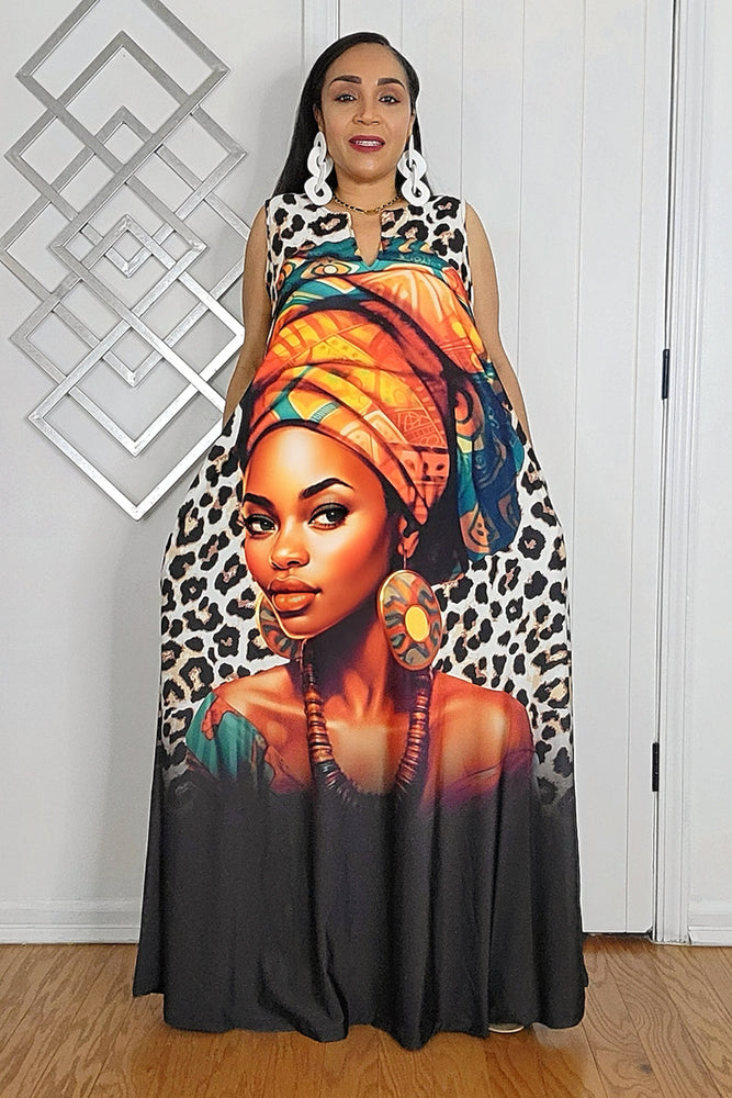 042525 The Leopard with African Queen Face Sleeves Maxi Dress