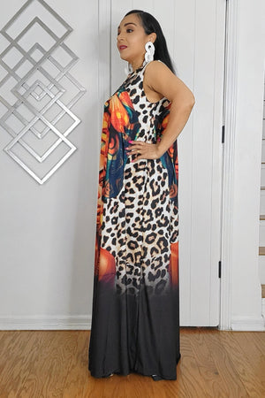 042525 The Leopard with African Queen Face Sleeves Maxi Dress