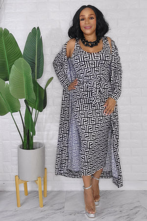092823 The White and Black Print 2 Pieces Cardigan Midi Dress set