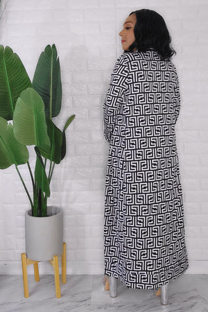 092823 The White and Black Print 2 Pieces Cardigan Midi Dress set