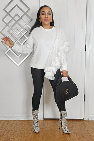 020525 Off White Long Sleeve Ruffles Pullover Sweater