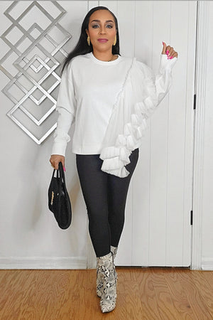 020525 Off White Long Sleeve Ruffles Pullover Sweater