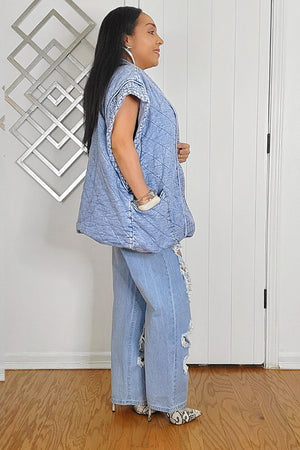 022525 Blue Open Front Quilted Denim Vest