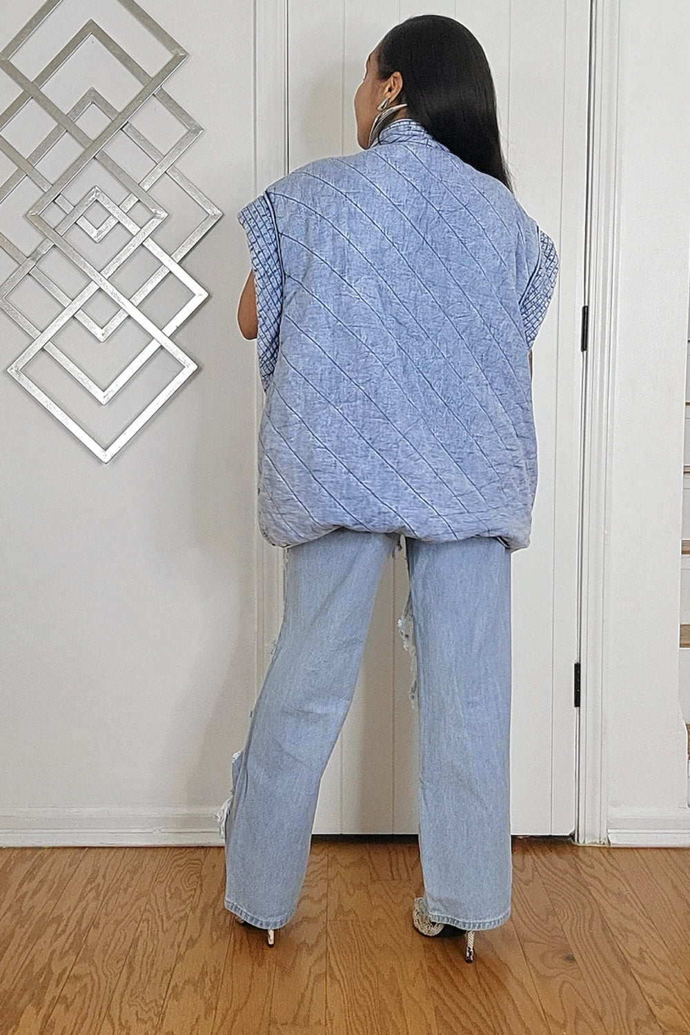 022525 Blue Open Front Quilted Denim Vest