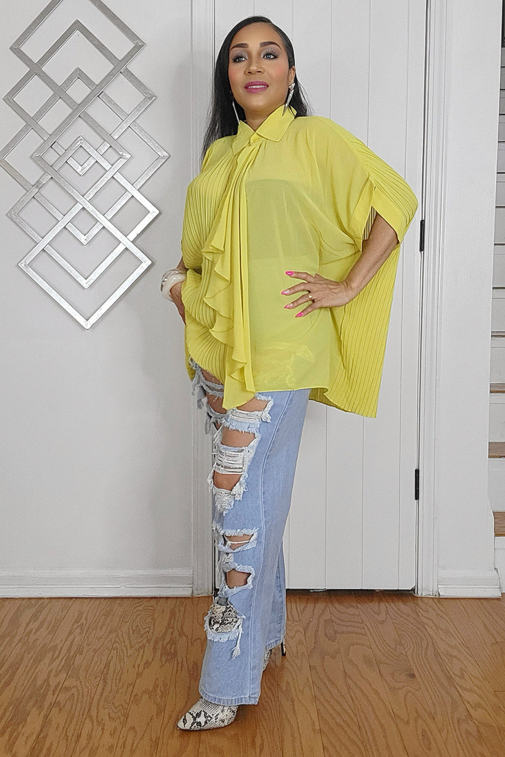020525 Mustard Oversized Pleated Sheer Tunic Blouse