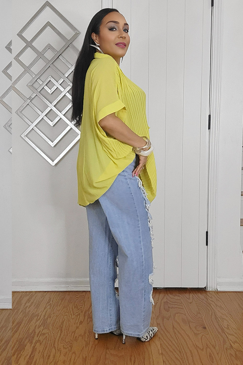 020525 Mustard Oversized Pleated Sheer Tunic Blouse