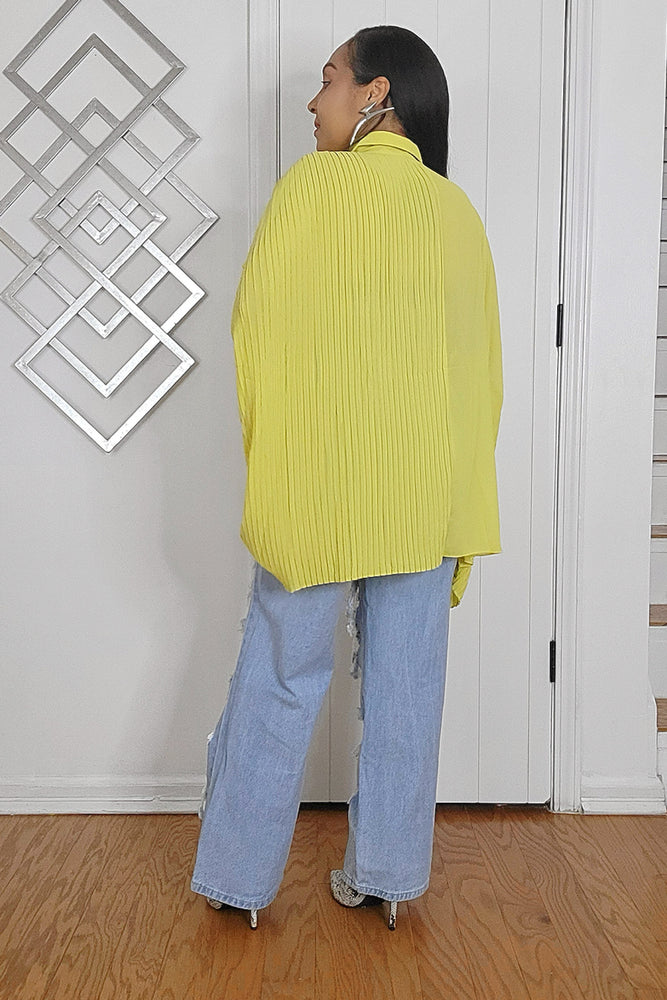 020525 Mustard Oversized Pleated Sheer Tunic Blouse