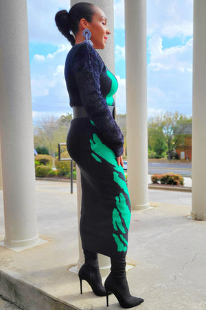 101723 The Green and Black Furry Arm Midi Sweater Dress
