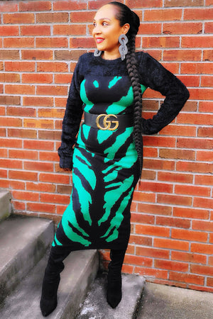 101723 The Green and Black Furry Arm Midi Sweater Dress