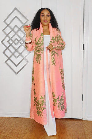 091824 Pink Florals Print Long Wrinkle Shawl Collar Belted Coat