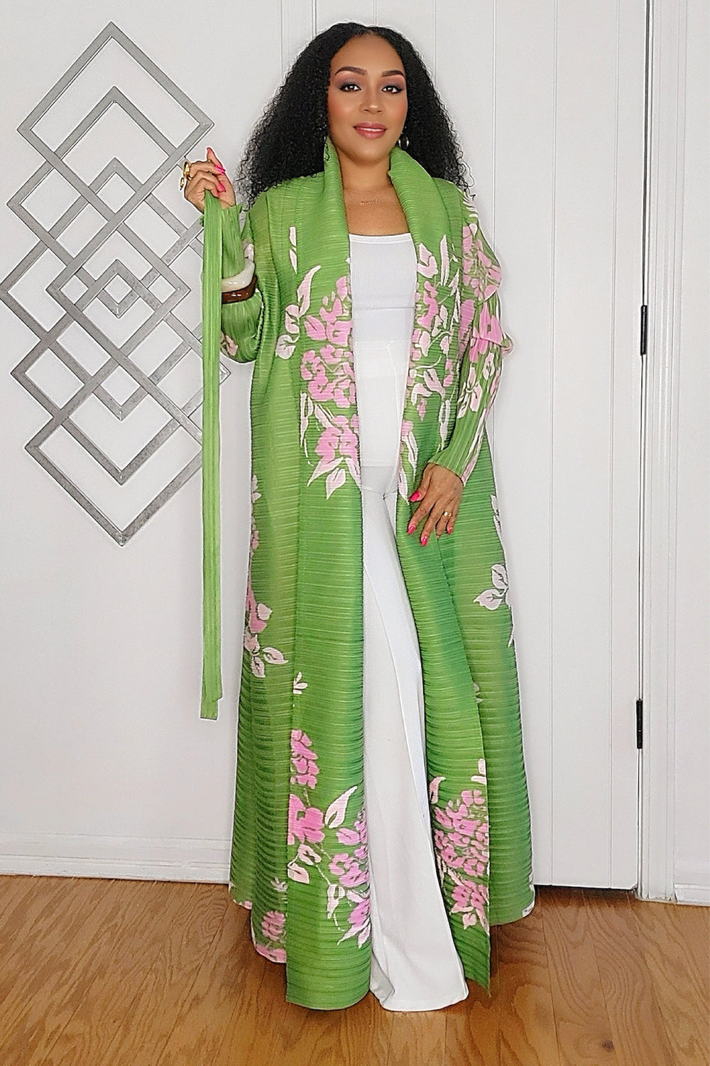 091824 Green Florals Print Long Wrinkle Shawl Collar Belted Coat