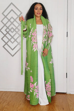 091824 Green Florals Print Long Wrinkle Shawl Collar Belted Coat