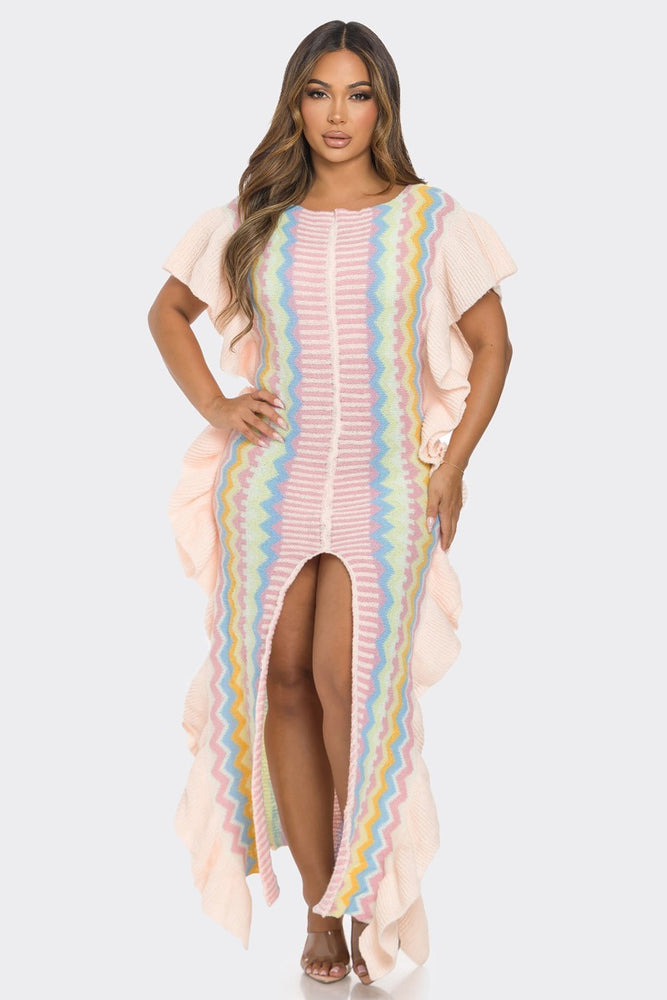 102323 The Pink Multi Knitted Split Detail Maxi Dress