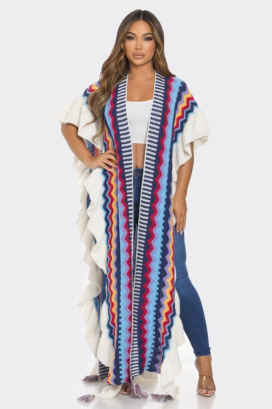 101923 The Blue Multi Knitted Long Kimono Shawl