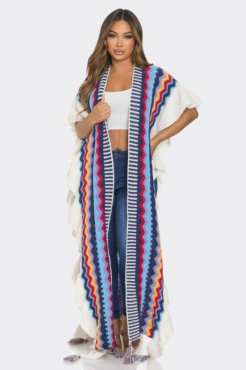 101923 The Blue Multi Knitted Long Kimono Shawl